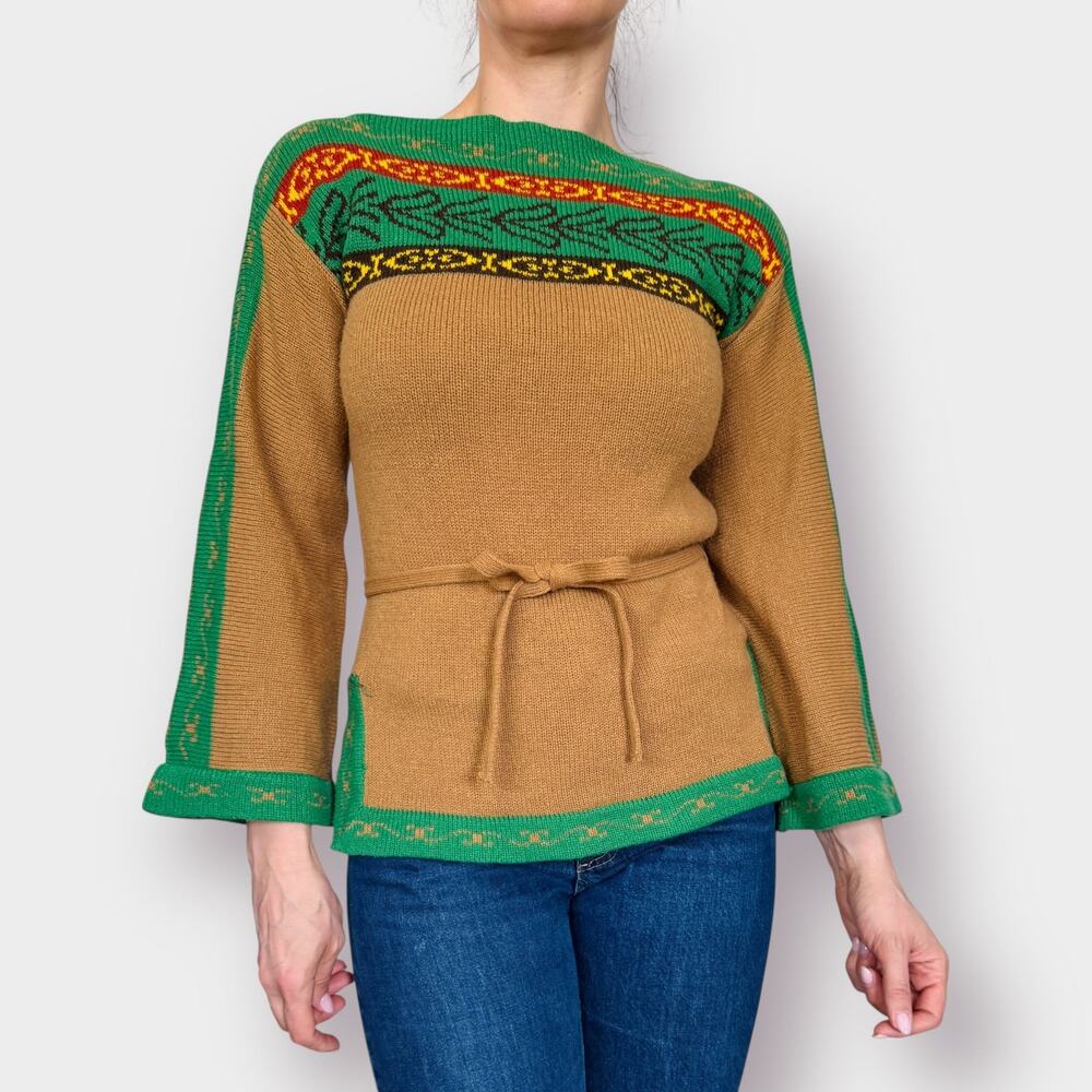 70s Tan Green Tunic Sweater Size M - Picture 5 of 7